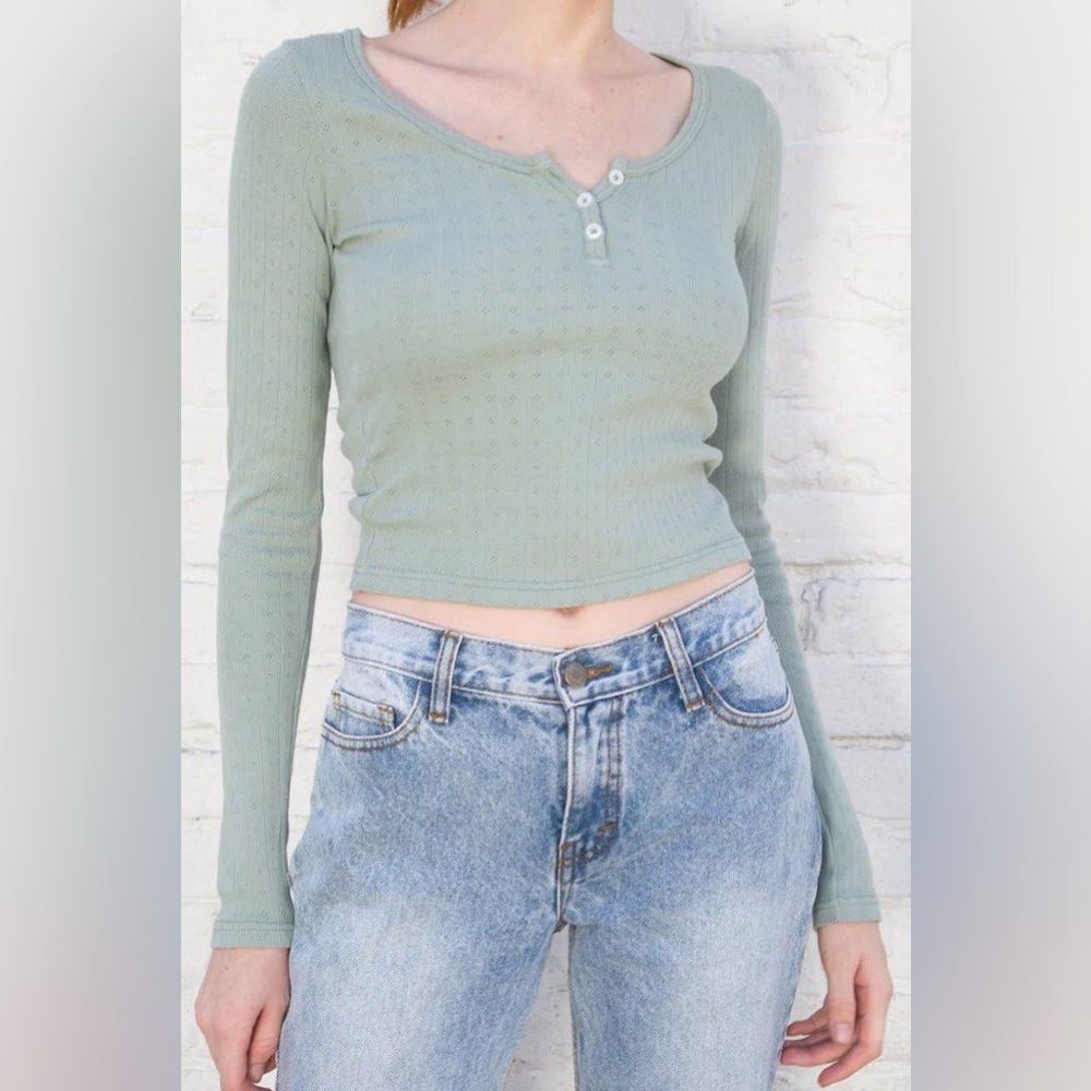 Brandy Melville Zelly Ribbed Button-Front Top in Sage Green